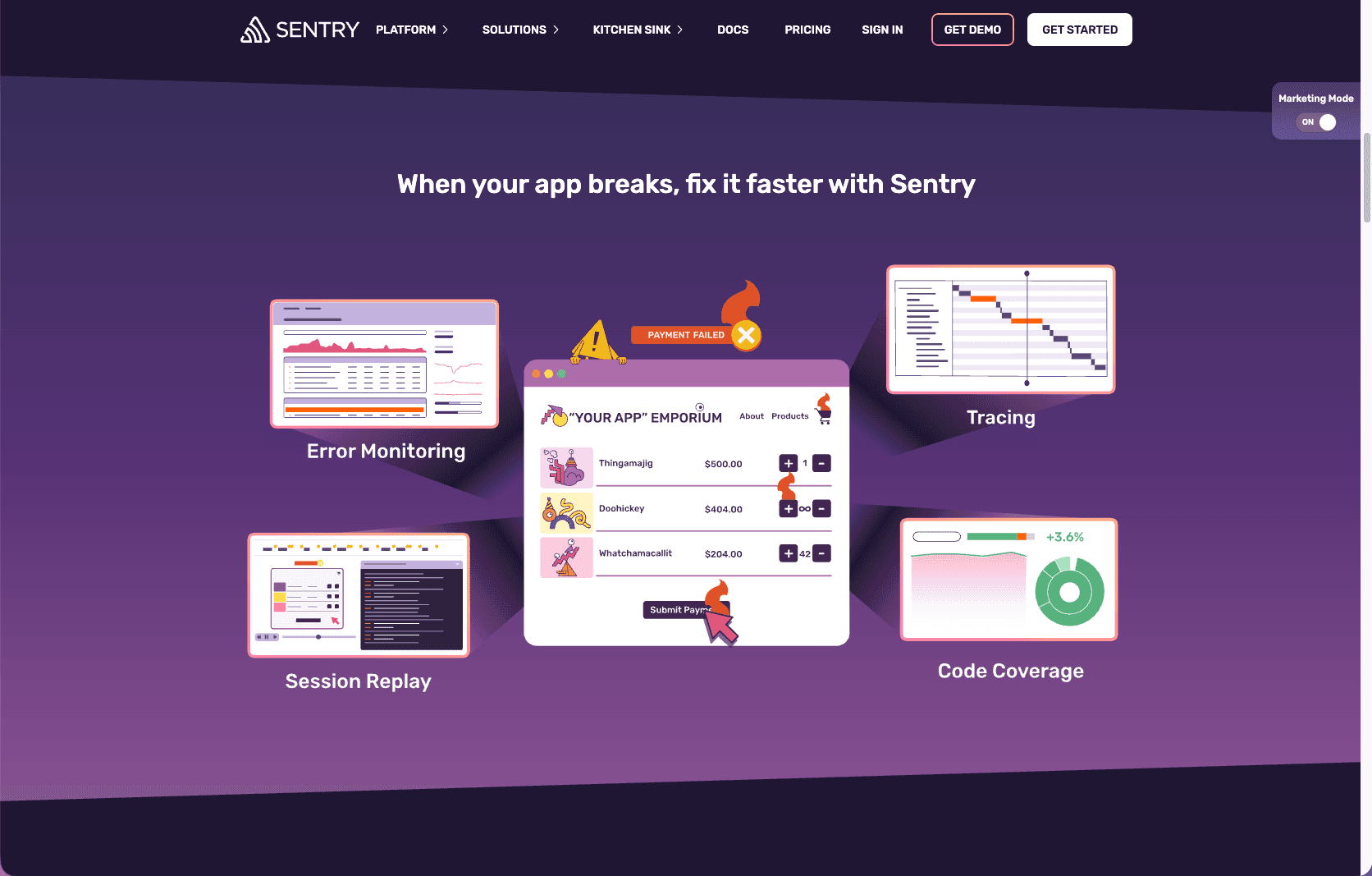 Dashboard Sentry avec erreurs et stack traces